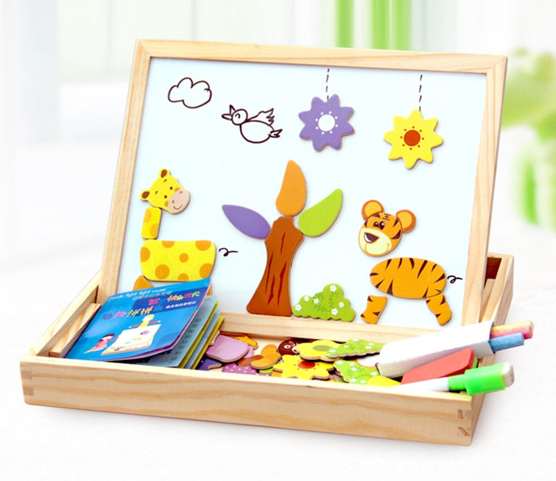 Lavagna magnetica in legno con puzzle per disegnare e scrivere
