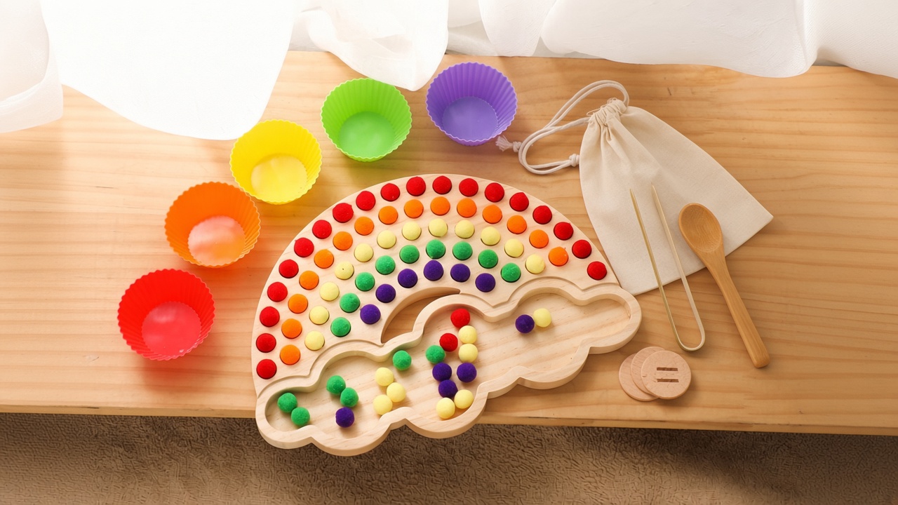 Tavola sensoriale in legno arcobaleno per l'ordinamento dei colori